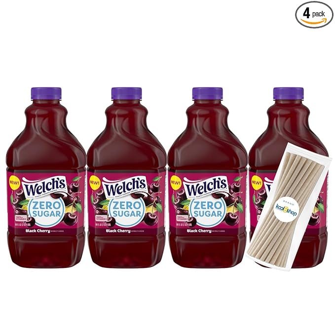 Welch's Black Cherry Zero Sugar Fruit Juice Drink 64 fl oz Plastic Bottles 4 Pack + 15 Sugarcane Disposable Straws by KOOL8SHOP Infinite Deals