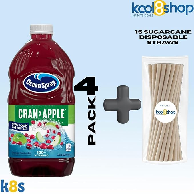 Ocean Spray Cran Apple Fruit Juice Drink 64 fl oz Plastic Bottle 4 Pack + 15 Sugarcane Disposable Straws by KOOL8SHOP Infinite Deals