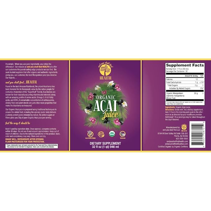 Organic Only ACAI 100% Pure Juice 32oz (1qt) Vitamin Antioxidant &amp Omega Rich Liquid Fruit Puree 30g of Whole Superfruit Per Serving Gluten-Free Vegan Non GMO in GLASS Bottle AYSFH