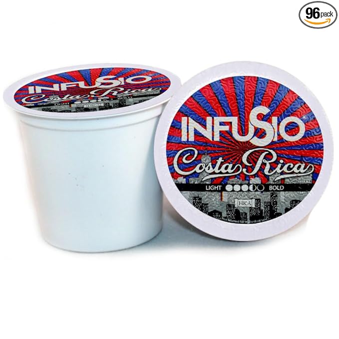InfuSio Coffee Pods 96 Count Costa Rica Medium Roast Single serve Coffee pods for Keurig K Cups Brewers - InfuSio Premium Roasted Keurig 2.0 Compatible