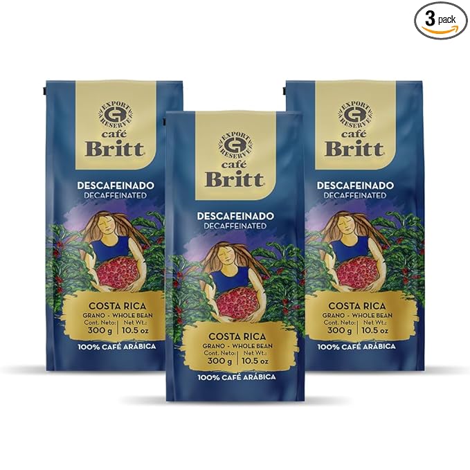 Café Britt® - Costa Rican Decaffeinated Coffee (10.5 oz.) (3-Pack) - Whole Bean Arabica Coffee Kosher Gluten Free 100% Gourmet &amp Dark Roast