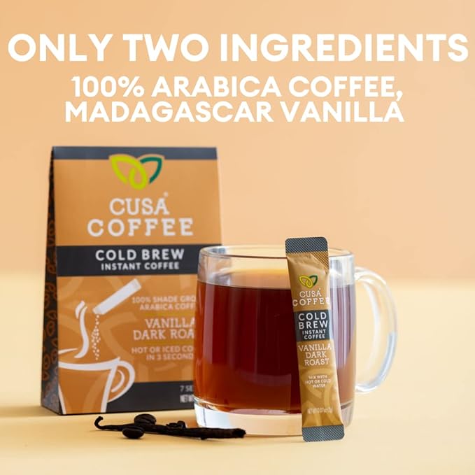 Cusa Tea &amp Coffee | Premium Instant Vanilla Dark Roast | Rainforest Alliance Certified Arabica Beans | Hot or Cold Brew Drink Mix Packets (30 Single Servings)