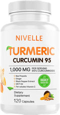 NIVELLE Turmeric Curcumin | Pure Turmeric Curcumin Supplement 1000mg | 95% Curcuminoids with Bee Propolis Ginger MCT Oil Fat Soluble Vitamin C &amp Black Pepper | 120 Capsules (1)