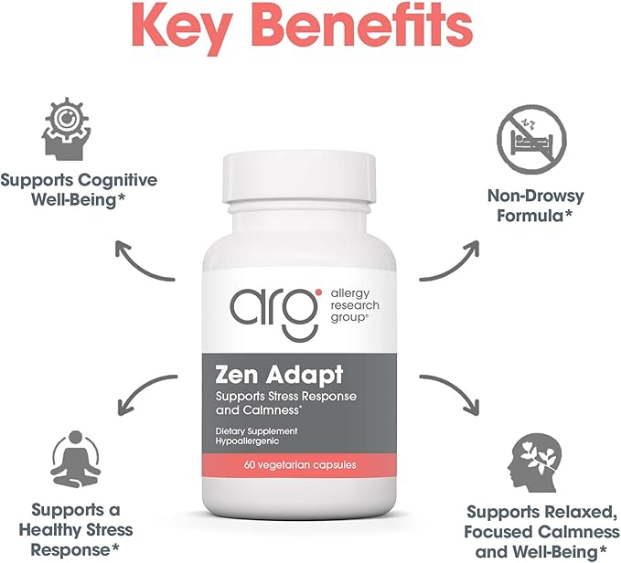 Allergy Research Group Zen Adapt Supplement - Stress Support Blend Sensoril Ashwagandha GABA L-Theanine Hypoallergenic Vegetarian Capsules - 60 Count