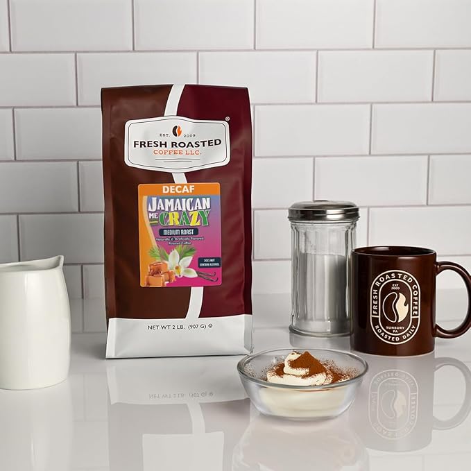 Fresh Roasted Coffee Decaf Jamaican Me Crazy Flavored Coffee 2 lb (32 oz) Medium Roast Kosher Whole Bean