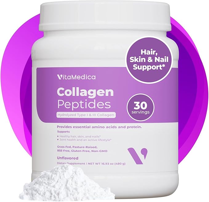 VitaMedica Collagen Peptides Powder for Women &amp Men - Healthy Hair Skin Nails Bones and Joints - Hydrolyzed Types I &amp III Grass-Fed Pasture-Raised Protein Zero Sugar - 30 Servings