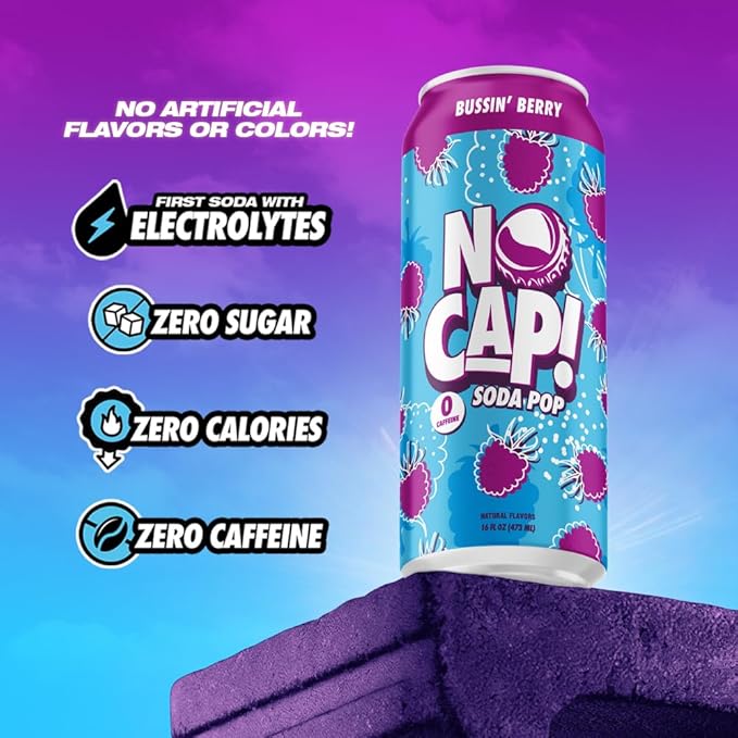 NO CAP! Next Gen Soda Pop with Zero Sugar Zero Calories and Electrolytes for Hydration Naturally Flavored Caffeine-Free Soda Vegan &amp Gluten-Free 16 oz Cans (Bussin Berry)