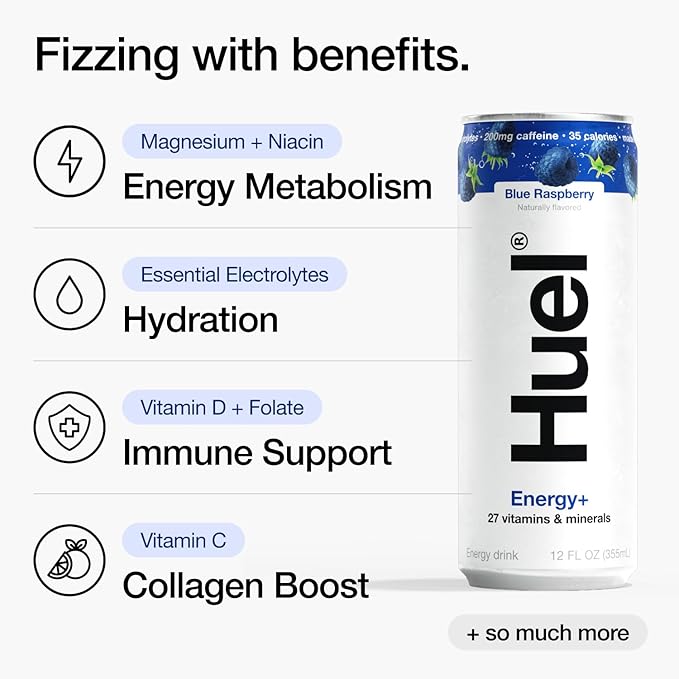 Huel Energy+ | Blue Raspberry Energy Drink | Refreshing Plant-Based Drink with Real Fruit | 200mg of Caffeine and 27 Vitamins &amp Minerals | 35 Calories per 12 FL Oz 12 Pack