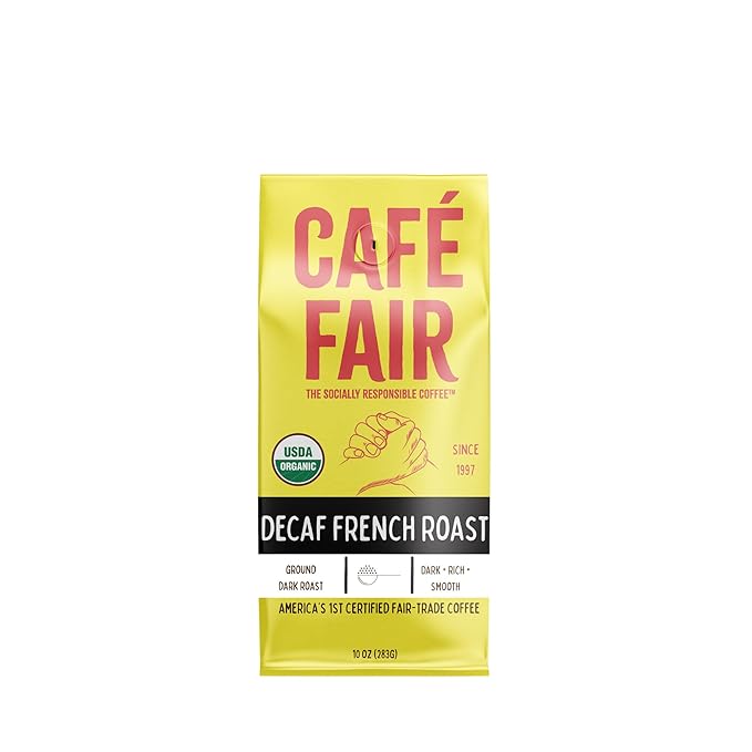 Café Fair Organic Decaf French Roast Ground Coffee – Swiss Water Process – Dark Roast Bold &amp Smooth Flavor – Fair Trade – 10 oz Bags (Pack of 6)