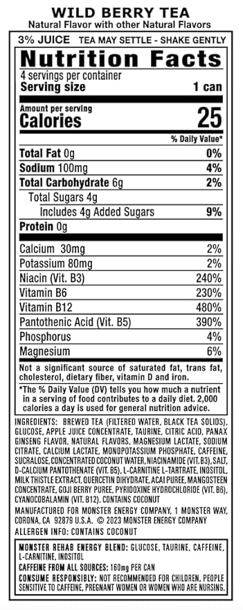 Monster Rehab Wild Berry Tea + Energy Energy Drink 15.5 Ounce | Energy Iced Tea Pack of 15