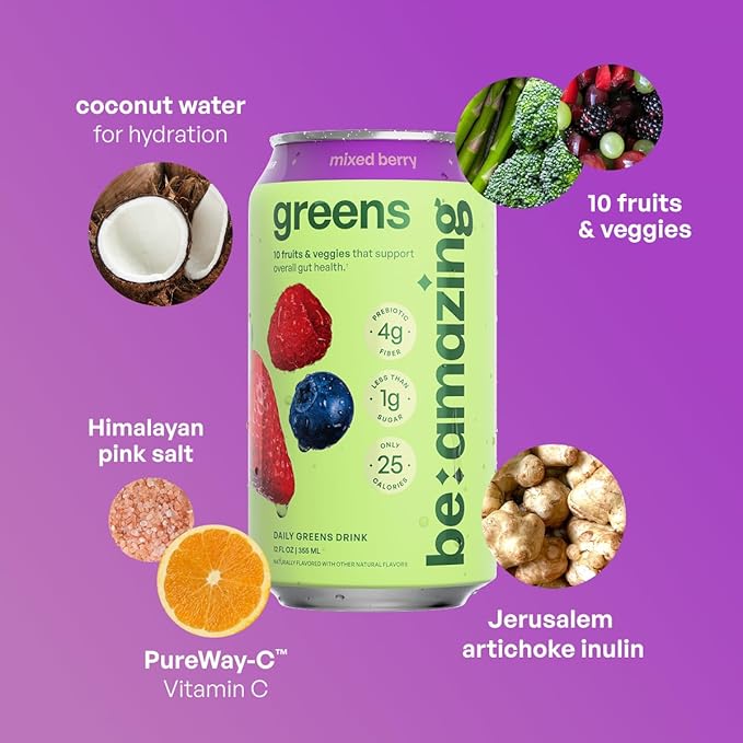 Be Amazing Greens Drink Mixed Berry Vitamin Drinks With 10 Organic Fruits and Vegetables Coconut Water Vitamin C and Prebiotic Fiber 25 Calories Low Sugar Vegan and Gluten Free 8 Pack