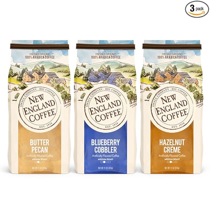 New England Coffee Ground Coffee Butter Pecan/Blueberry Cobbler/Hazelnut Crème 11oz Bag (Pack of 3)