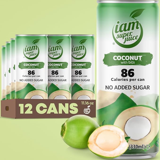I am Superjuice 100% Coconut Water (With Bits) - Natural Fruit Juice Drink - No Added Sugar or Sweetener - Low in calories (86 per can) - No Preservatives - No concentrate - Naturally Sweet - 12 Pack