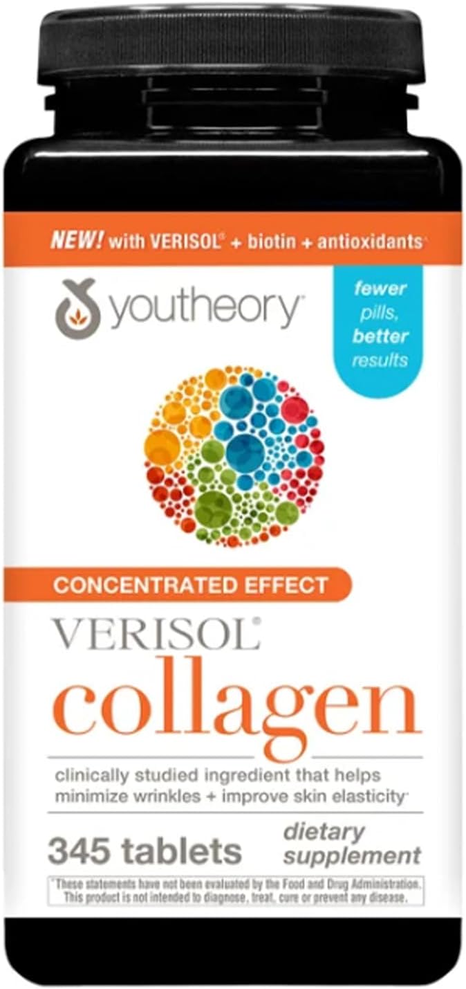 Youtheory Concentrated Effect Collagen with Verisol - Collagen Peptides with Vitamins C &amp B - Supports Hair Nails Bones &amp Joints - 345 Tablets (115-Day Supply)