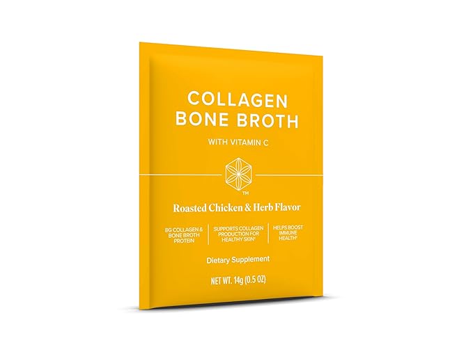 Collagen Bone Broth - Infused with Collagen Peptides and Vitamin C for Immune Health - Roasted Chicken and Herb Flavor - 0.5 Oz Packets - 15 Servings