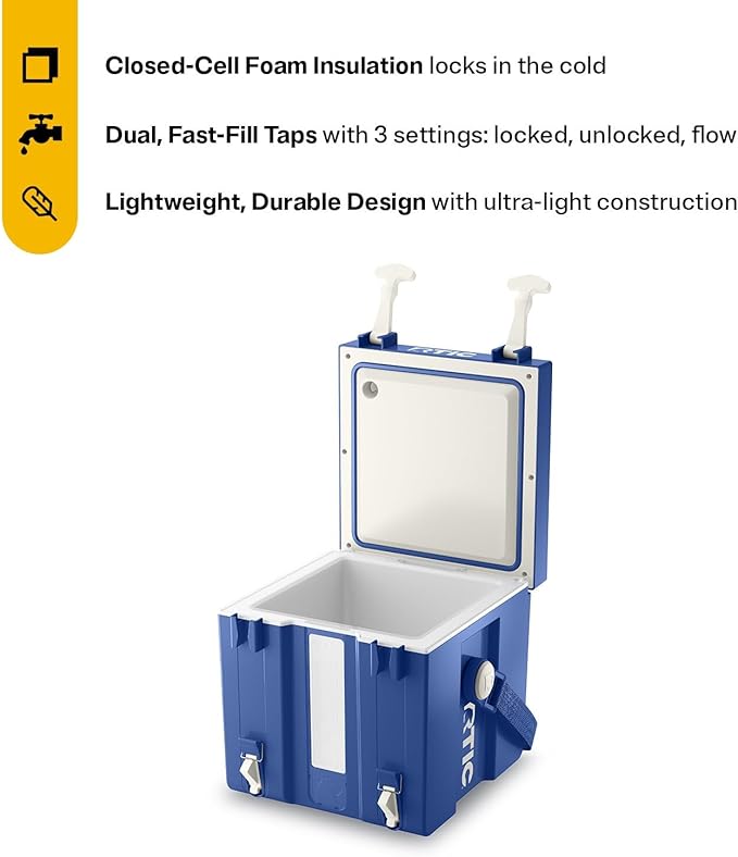 RTIC Halftime Water Cooler 3 Gallon Portable Carrier Container Drink Beverage Dispenser Stackable with 2 Taps Bottleless BPA-Free for Sports Camping BBQ Parties Picnic Cobalt &amp White