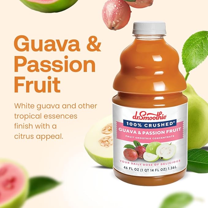 Dr. Smoothie 100% Crushed Guava &amp Passion Fruit – No Added Sugar Made with Real Fruits/Fruit Juice – Vegan No Artificial Colors or Flavors – White Guava with Citrus &amp Passion Fruit – 46 oz B