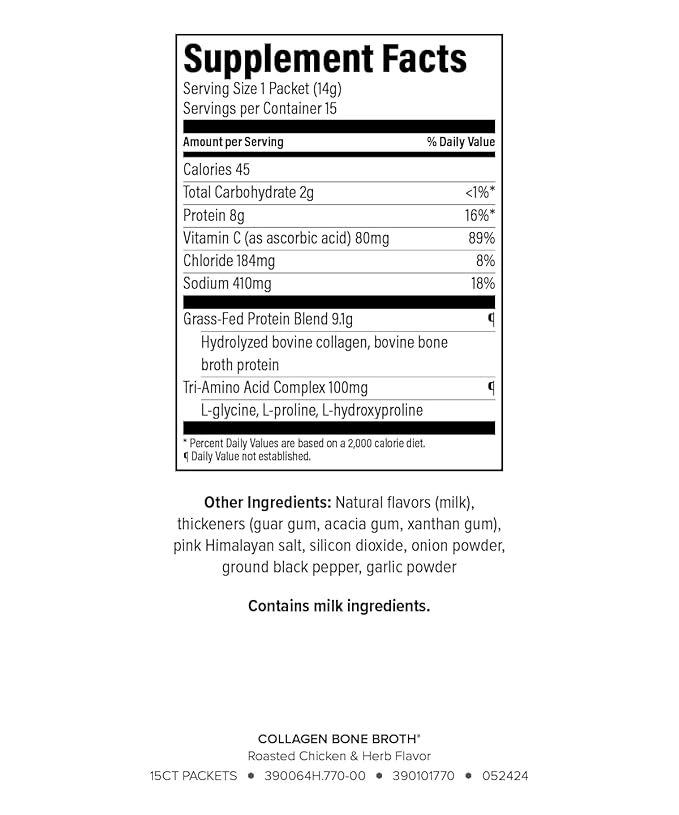 Collagen Bone Broth - Infused with Collagen Peptides and Vitamin C for Immune Health - Roasted Chicken and Herb Flavor - 0.5 Oz Packets - 15 Servings