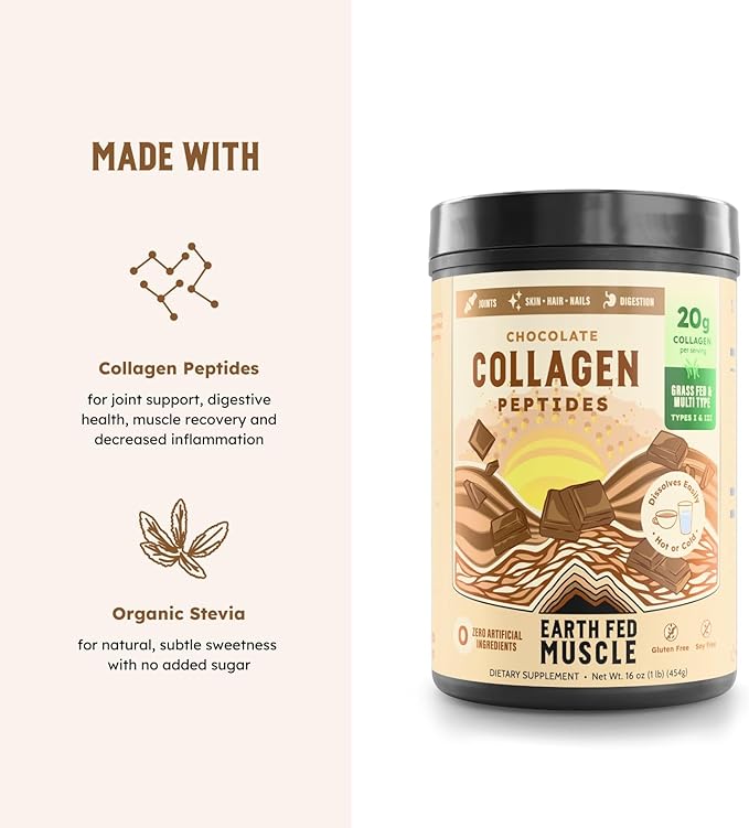Earth Fed Muscle Chocolate Collagen Peptides Powder – Grass Fed Hydrolyzed Collagen for Women &amp Men - Healthy Bones Skin &amp Hair - Types 1 &amp 3 Collagen Powder 20g Per Serving 19 Servings