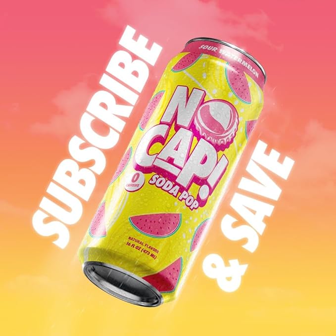 NO CAP! Next Gen Soda Pop with Zero Sugar Zero Calories and Electrolytes for Hydration Naturally Flavored Caffeine-Free Soda Vegan &amp Gluten-Free 12 oz Cans (Sour Watermelon)