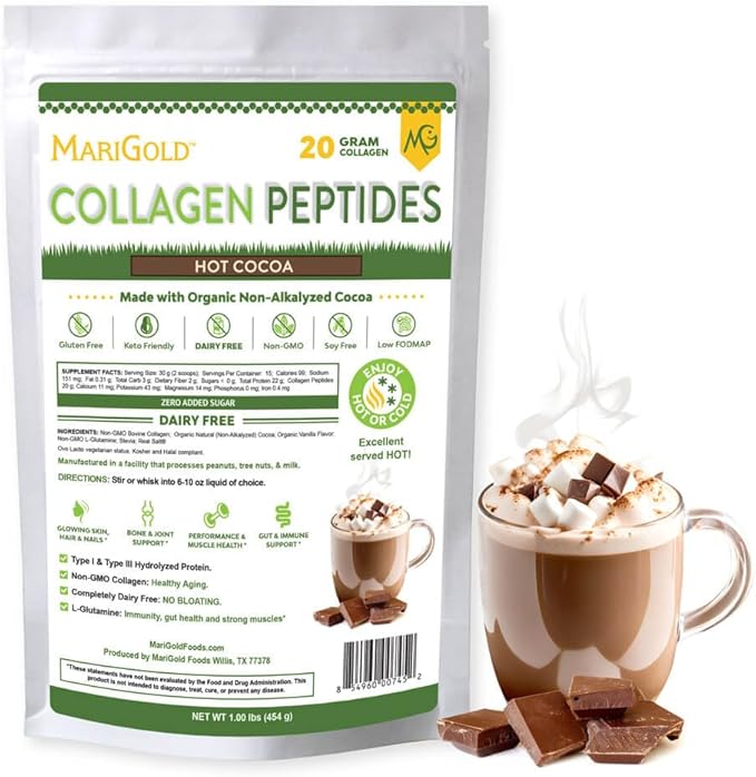 MariGold Grass-fed Collagen Peptides Powder Hot Cocoa 1LB - 100% Pure Type I &amp III Bovine Hydrolyzed Collagen Non-GMO Hormone Free Soy Free Gluten Free Dairy Free Keto-Friendly