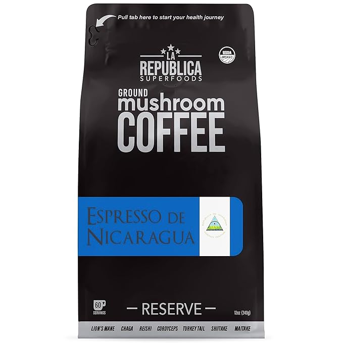 La Republica Espresso De Nicaragua Reserve Ground Coffee for Espresso Maker 60 Servings (Lion's Mane Reishi Chaga Dark Roast)
