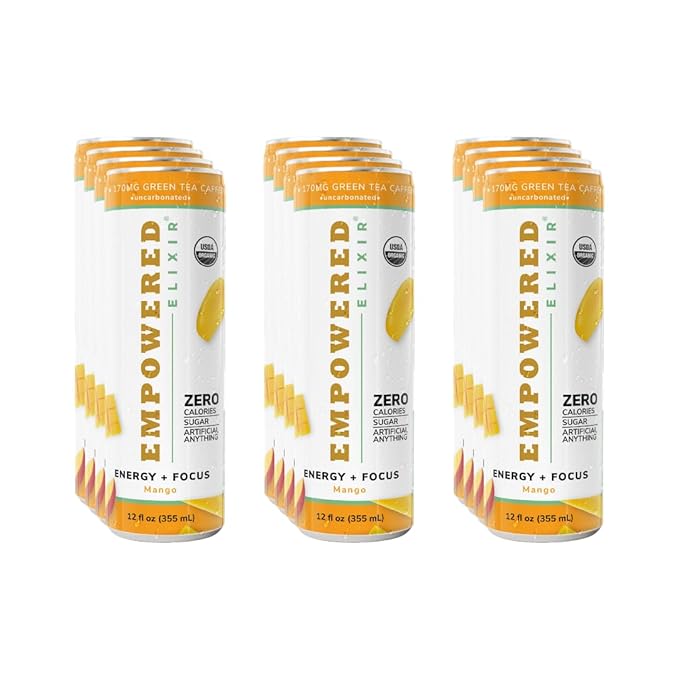 Organic Mango Energy &amp Focus Drink | Green Tea Extract (Natural Caffeine) L-Theanine Ashwagandha Electrolytes |12oz. Cans (Pack of 12)