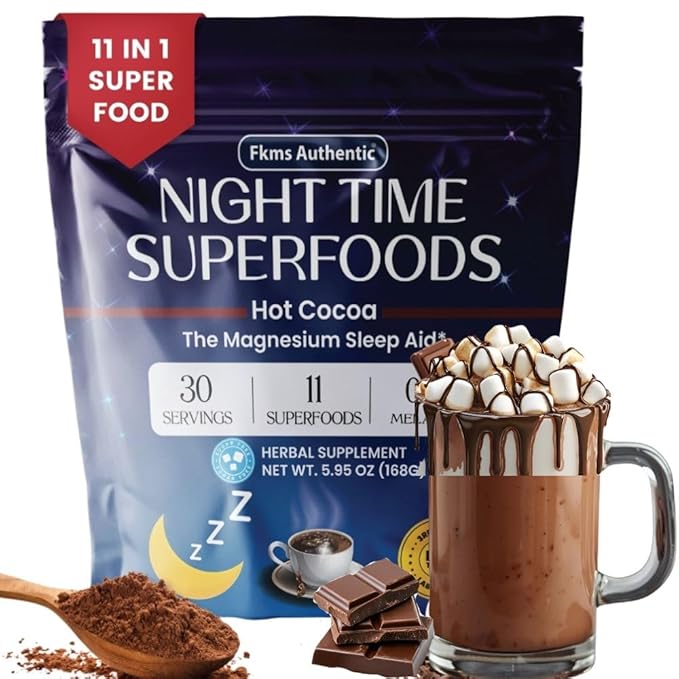 FKMS Authentic Nighttime Magnesium Hot Cocoa Calming Melatonin-Free Sleep Support Natural Sleep Aid Drink Mix for men &amp Woman - Hot Chocolate Powder with L-Theanine Chamomile and Zinc Magnesiu