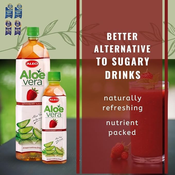 ALEO 0.5L x 24 Premium Strawberry Aloe Vera Drink - Natural No Preservatives No Artificial Colors Superior Taste Award 2025