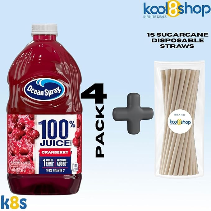 Ocean Spray 100% Cranberry Fruit Juice No Added Sugar 64 fl oz 4 Pack + 15 Sugarcane Disposable Straws by KOOL8SHOP Infinite Deals