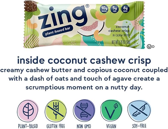 Zing Plant Based Protein Bar Coconut Cashew Crisp Nutrition Bar 10g Protein 5g Fiber Vegan Gluten Free Soy Free Non GMO 12 count
