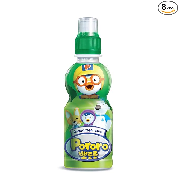 Paldo Fun &amp Yum Pororo Kids Green Grape Flavor Drink Pack of 8 Fruit Juice Drinks with Comfortable Push-Pull Sports Cap Perfect Drink for Children 7.95 fl oz. x 8