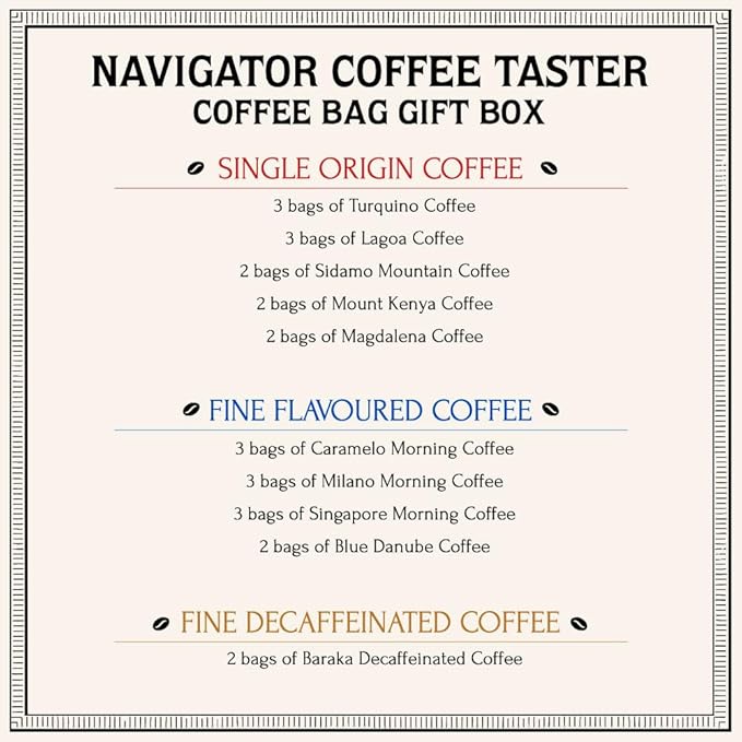 Bacha Coffee | Assorted NAVIGATOR Coffee Taster 100% Arabica Specialty Coffee Beans x25 Individually Wrapped Single Serve Filter Bags