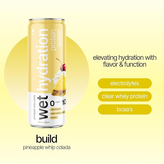 Wet Hydration | Functional Wellness Water Non-Carbonated - Pineapple Whip Colada (12 fl. oz.| Pack of 12) - Zero Calorie Hydration Drink with Electrolytes Clear Whey Protein BCAAs Protein Water N