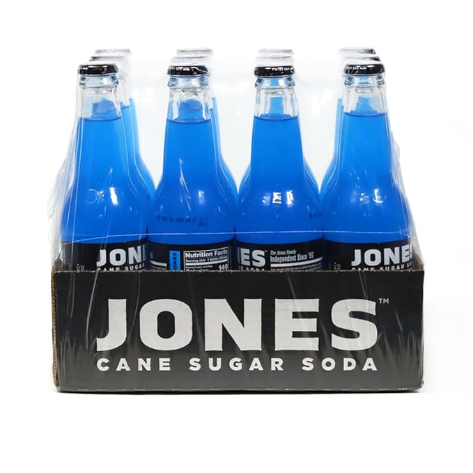 Jones Soda Co. Blue Bubblegum Flavor | 12-Pack | The Original Craft Soda | Made with Pure 100% Cane Sugar | Pop Beverages/Soft Drinks | 12 Oz Glass Bottles