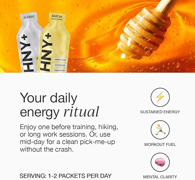 HNY+ Organic Honey Energy Gel with Electrolytes Magnesium Sea Salt &amp Potassium Gluten Free &amp Vegan Workout Gels for Gym Running Cycling &amp Hiking Sports Nutrition Caffeine Free 12