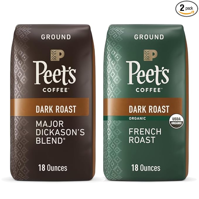 Peet's Coffee Dark Roast Ground Coffee Bundle - Major Dickason's Blend and USDA Organic French Roast 36 Ounces (2 Bags of 18 Ounces)