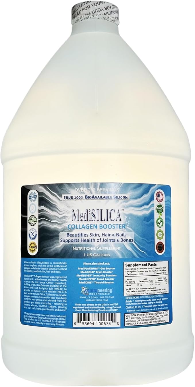 MediSILICA Collagen Booster Water-Soluble Silica Nutritional Supplement - 1 Gallon in Opaque Plastic Jug