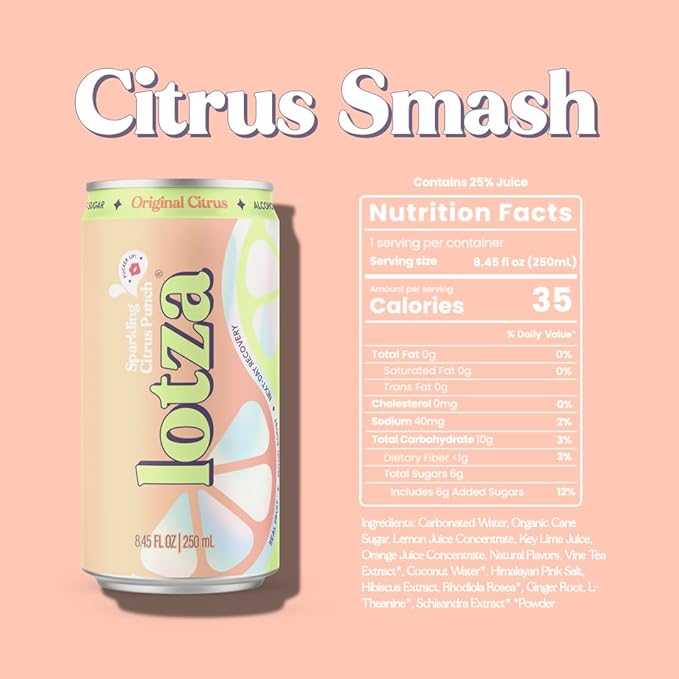 Lotza Sparkling Non-Alcoholic Adaptogen Drink with Electrolytes | Non-Alcoholic Mocktail &amp Drink Mixer| Antioxidants &amp Real Fruit (Pack of 12) Original Citrus