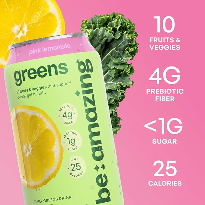 Be Amazing Greens Drink Pink Lemonade Vitamin Drinks With 10 Organic Fruits and Vegetables Coconut Water Vitamin C and Prebiotic Fiber 25 Calories Low Sugar Vegan and Gluten Free 8 Pack
