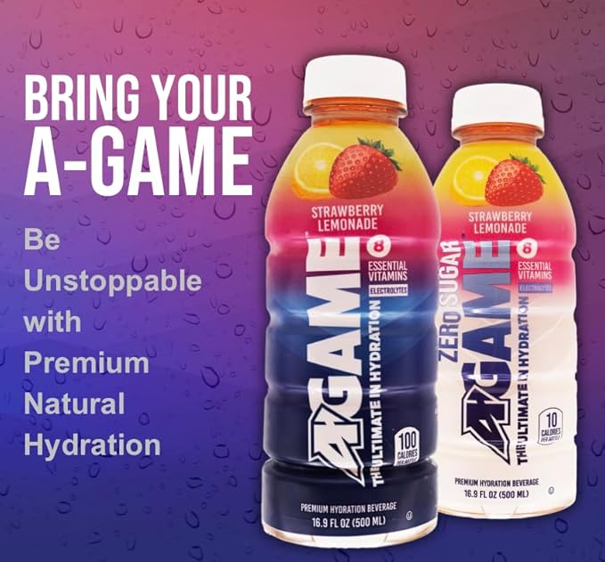 A-GAME Sports Drink Strawberry Lemonade The Ultimate Hydration Sports Beverage for Athletes 8 Essential Vitamins including B C &amp E plus Natural Sea Salt Electrolytes All Natural Flavors &amp