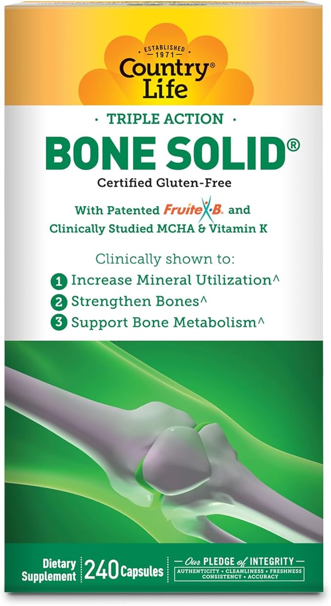 Country Life Bone Solid - Bone Health Supplement with Microcrystalline Hydroxyapatite (MCHA) Calcium Magnesium Zinc Vitamins K2 &amp D3 for Enhanced Bone Strength &amp Metabolism - 240 Capsules