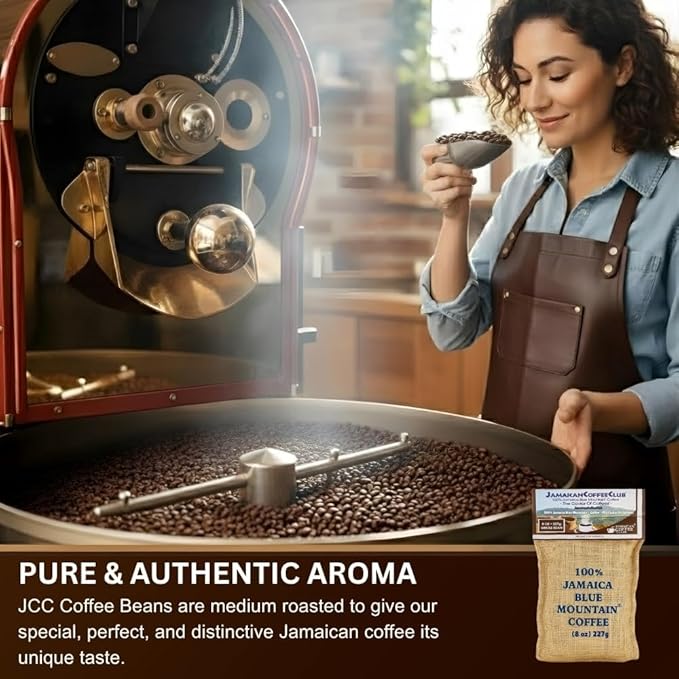 JamaicanCoffeeClub 100% Blue Mountain Whole Bean Coffee WB 8oz Jamaican Roasted Beans Smooth Rich Flavor Handpicked Gourmet Beans Bold Medium Roast Fresh Pack Premium Jamaican Coffee