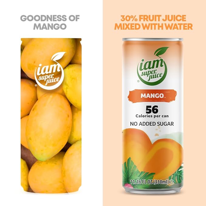 I am Superjuice Mango - Natural Fruit Juice Drink - Zero Added Sugar - Low in calories (56 per can) - 12 Pack x 11.16 FL OZ