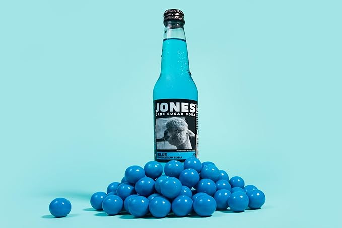 Jones Soda Co. Blue Bubblegum Flavor | 12-Pack | The Original Craft Soda | Made with Pure 100% Cane Sugar | Pop Beverages/Soft Drinks | 12 Oz Glass Bottles