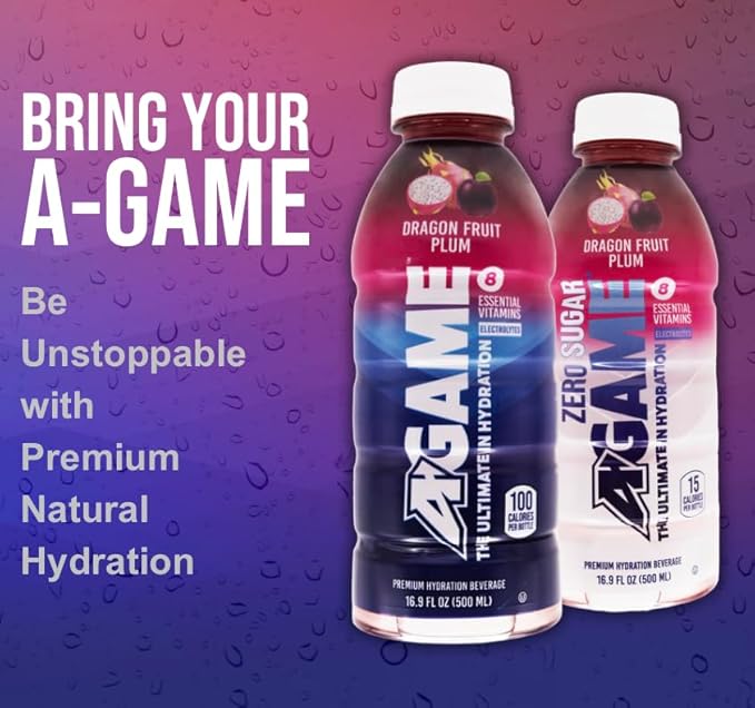 A-GAME Sports Drink Dragon Fruit Plum The Ultimate Hydration Sports Beverage for Athletes 8 Essential Vitamins including B C &amp E plus Natural Sea Salt Electrolytes All Natural Flavors &amp