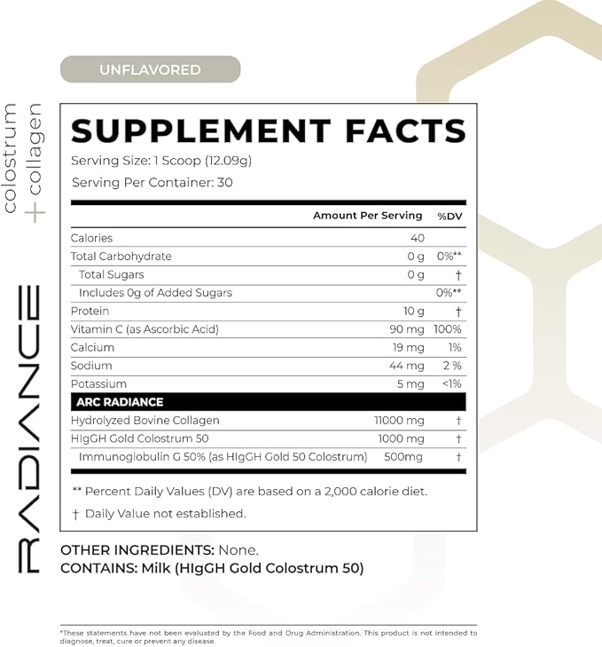 ARC Radiance Collagen &amp Colostrum Powder – Supports Youthful Skin Strong Joints &amp Gut Health – Grass-Fed Type I &amp III Collagen – Boost Immunity &amp Recovery – Keto Gluten-Free Unflavo
