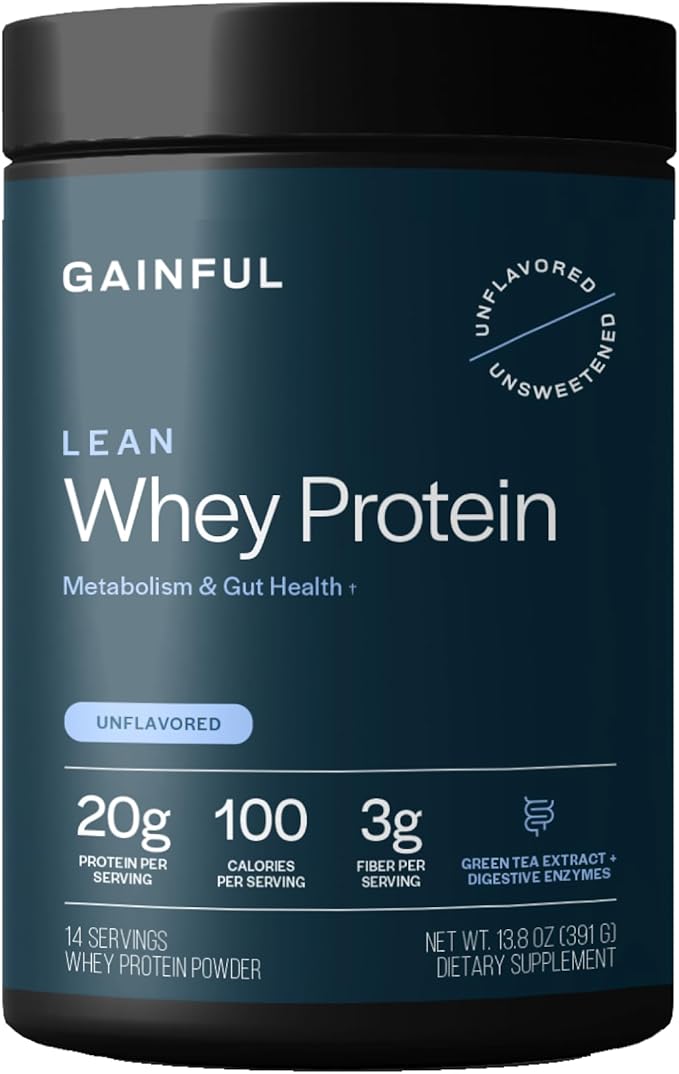 Gainful Lean Whey Protein Powder with 20g Protein per Serving Unflavored Supports Lean Muscle Metabolism and Satiety with Green Tea Extract Digestive Enzymes Organic Fiber 14 Servings