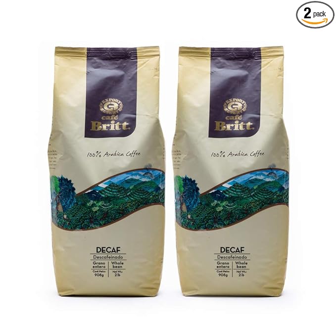 Café Britt® - Costa Rican Decaffeinated Coffee (2 Lbs.) (2-Pack) (4 Lbs Total) - Whole Bean Arabica Coffee Kosher Gluten Free 100% Gourmet &amp Dark Roast