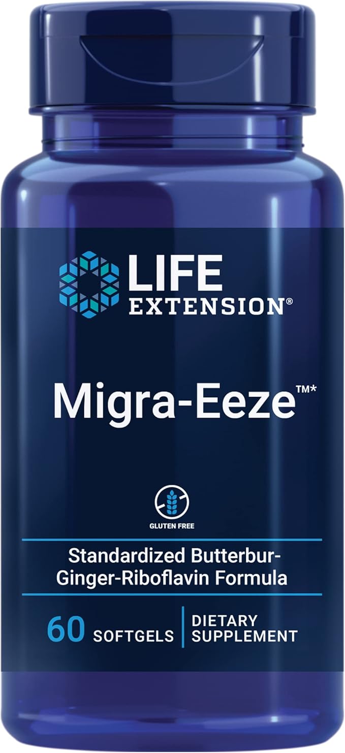 Life Extension Migra-Eeze - Butterbur Root Extract with Vitamin B2 (Riboflavin) &amp Ginger Supplement - Formula to Ease Head Discomfort - Gluten-Free — 60 Softgels